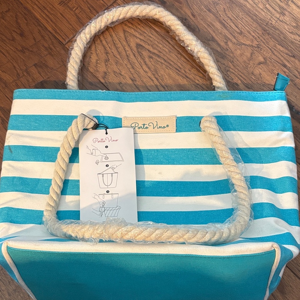 Secret Wine Holder Turquoise and White Striped Tote Bag